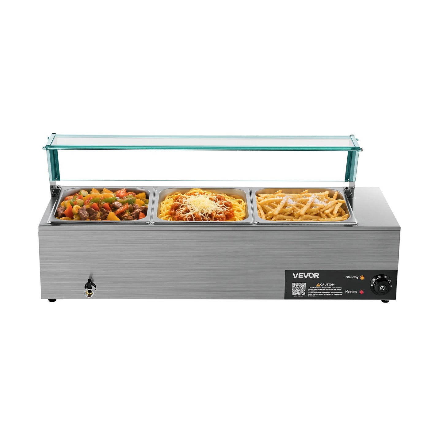Commercial Food Warmer, 1500W Electric Stainless Steel Steam Food Warmer with Glass Cover, 3-Pan Countertop Buffet Bain Marie with Soup & Perforated Ladles, for Catering, Restaurant & Party