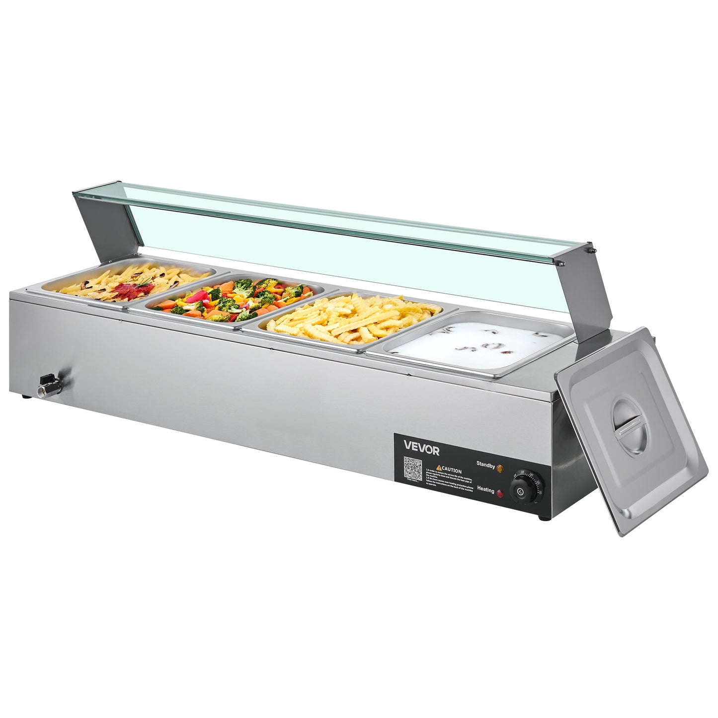 Gewerblicher Speisenwärmer, 1500 W, elektrischer Edelstahl-Dampfgarer mit Glasdeckel, 4-Behälter-Buffet-Bain-Marie für die Arbeitsplatte mit Suppenlöffeln und perforierten Schöpfkellen, für Catering, Restaurants und Partys