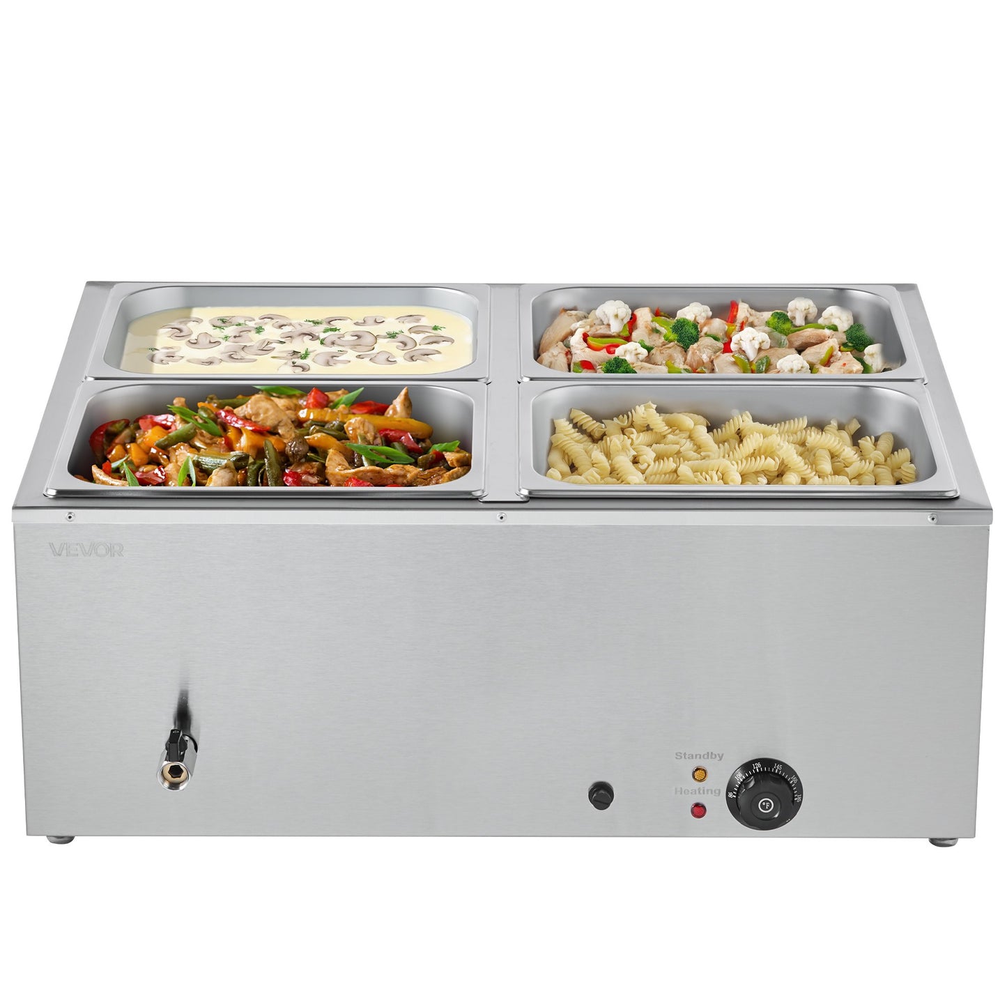 Gewerblicher Speisenwärmer, 1500 W, elektrischer Edelstahl-Dampfspeisenwärmer mit Deckel, 4-Behälter-Schnellheiz-Buffet-Bain-Marie für die Arbeitsplatte mit Suppen- und perforierten Schöpfkellen, für Catering, Restaurants und Partys