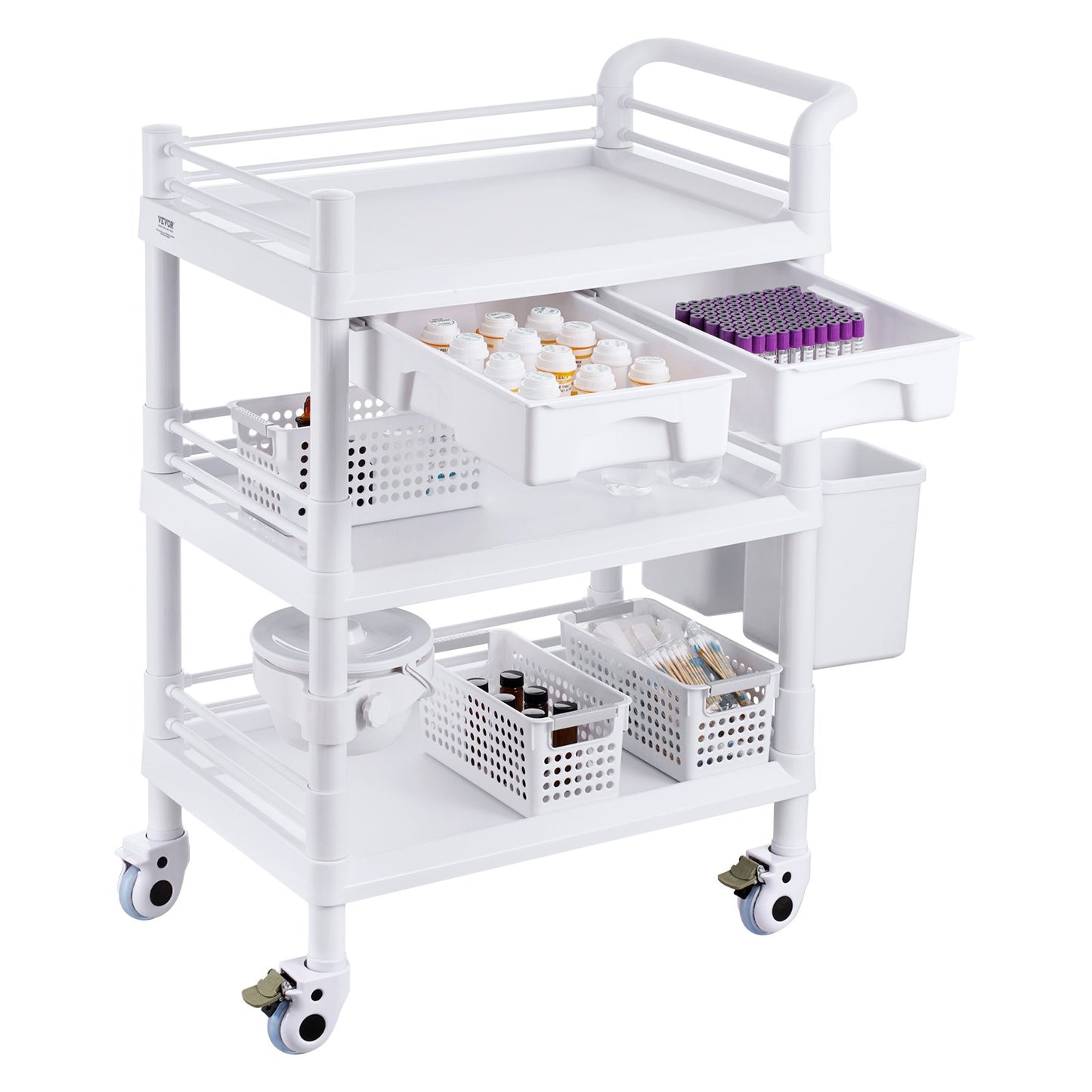 3 Tiers Lab Carts, Lab Utility Cart with 3 Trays & 4 Silent Wheels, Mobile Medical Cart with PP Material, Lab Rolling Cart with 3 Trash Cans for Lab, Clinic, Hospital, Salon, White