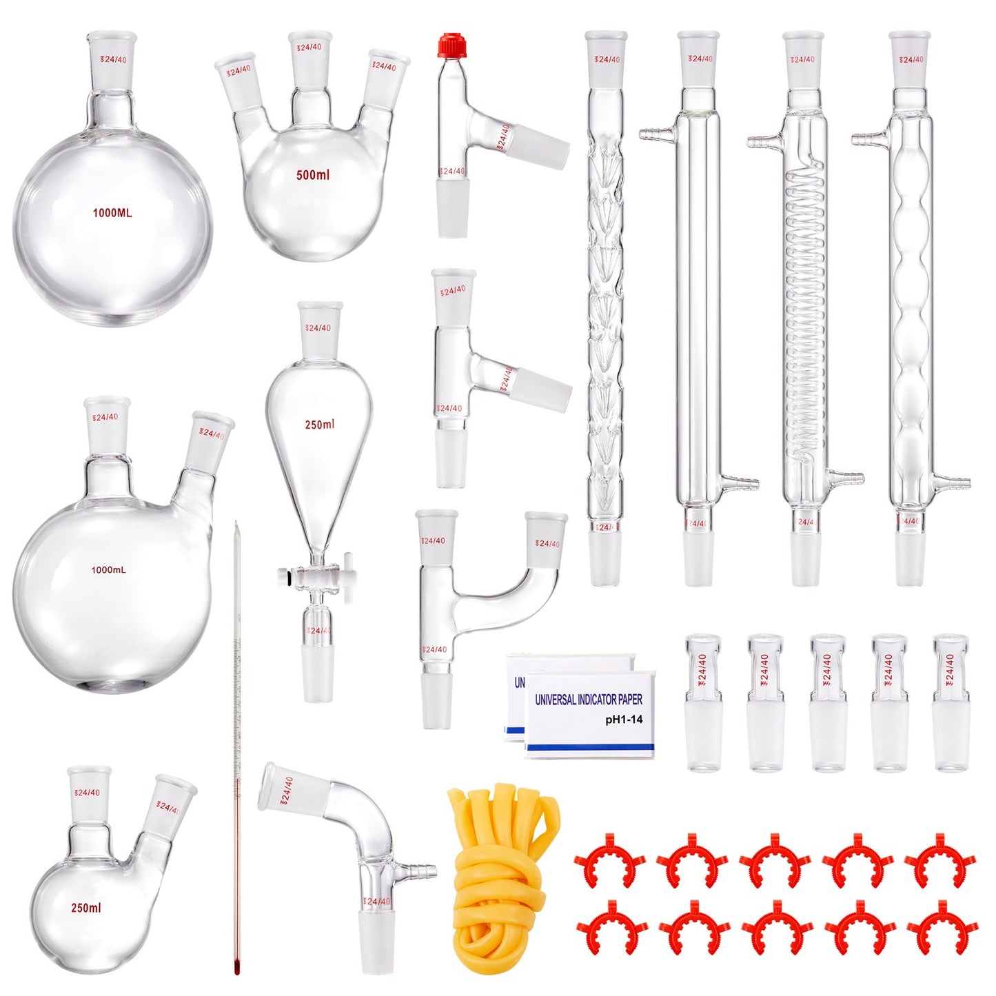 Lab Distillation Kit, 3.3 Boro Lab Glassware Distillation Kit with 24, 40 Joint, 1000ml Essential Oil Distillation Apparatus Kit, 32 pcs Set of Glassware Equipment
