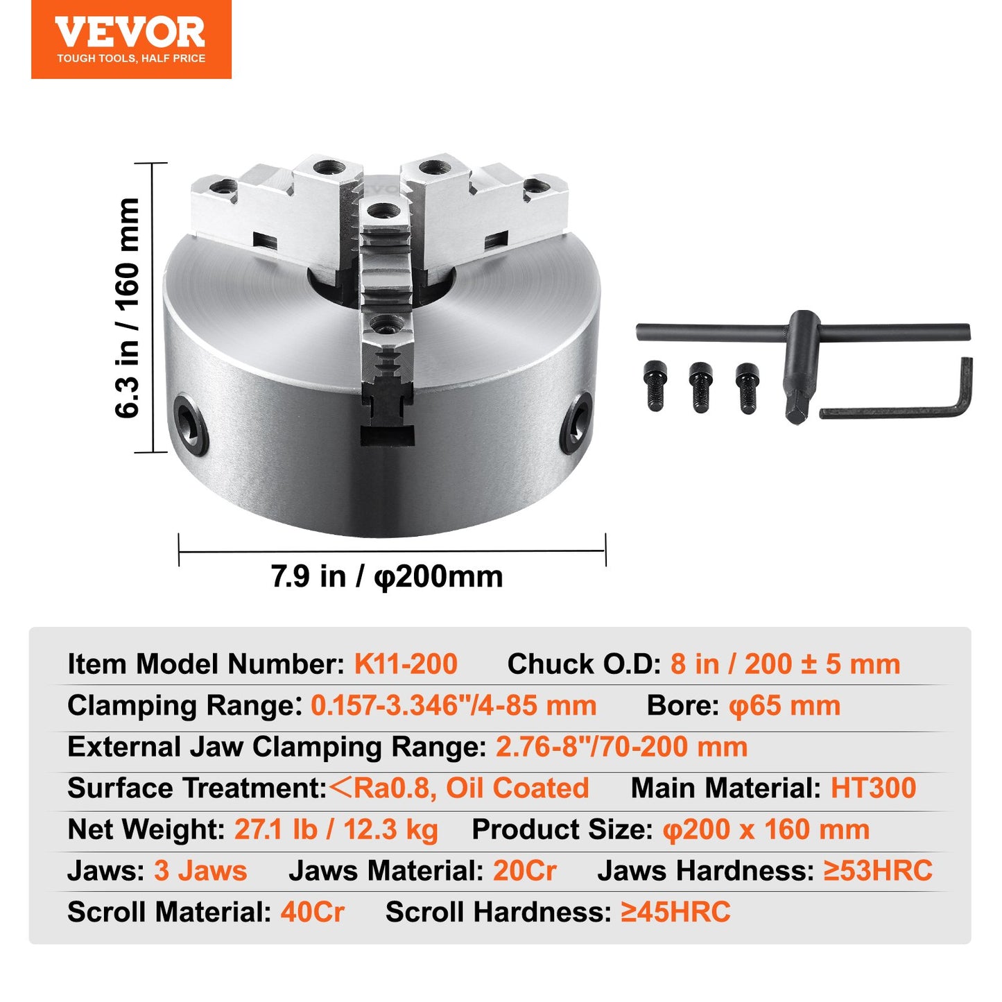 3-Jaw Lathe Chuck, 8'', Self-Centering Lathe Chuck, 0.16-8 in/4-200 mm Clamping Range with T-key Fixing Screws Hexagon Wrench, for Lathe 3D Printer Machining Center Milling Drilling Machine