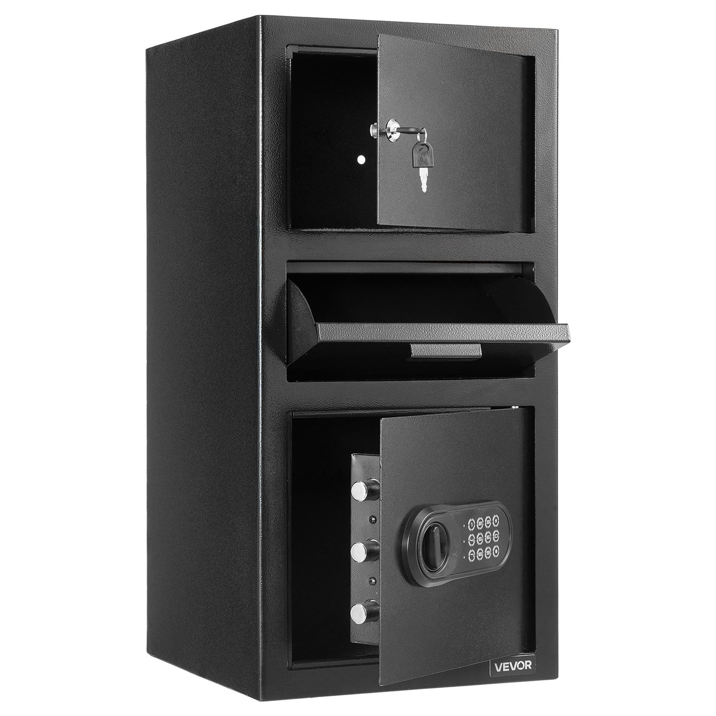 3.6 Cubic Feet Drop Safe, Large Capacity Front Drop Slot Safe Box with Digital Keypad, Heavy Duty 3 Tiers Cash Depository Box with Spare Keys for Cash, Bank Slip, Jewelry, Document, Bill, Black