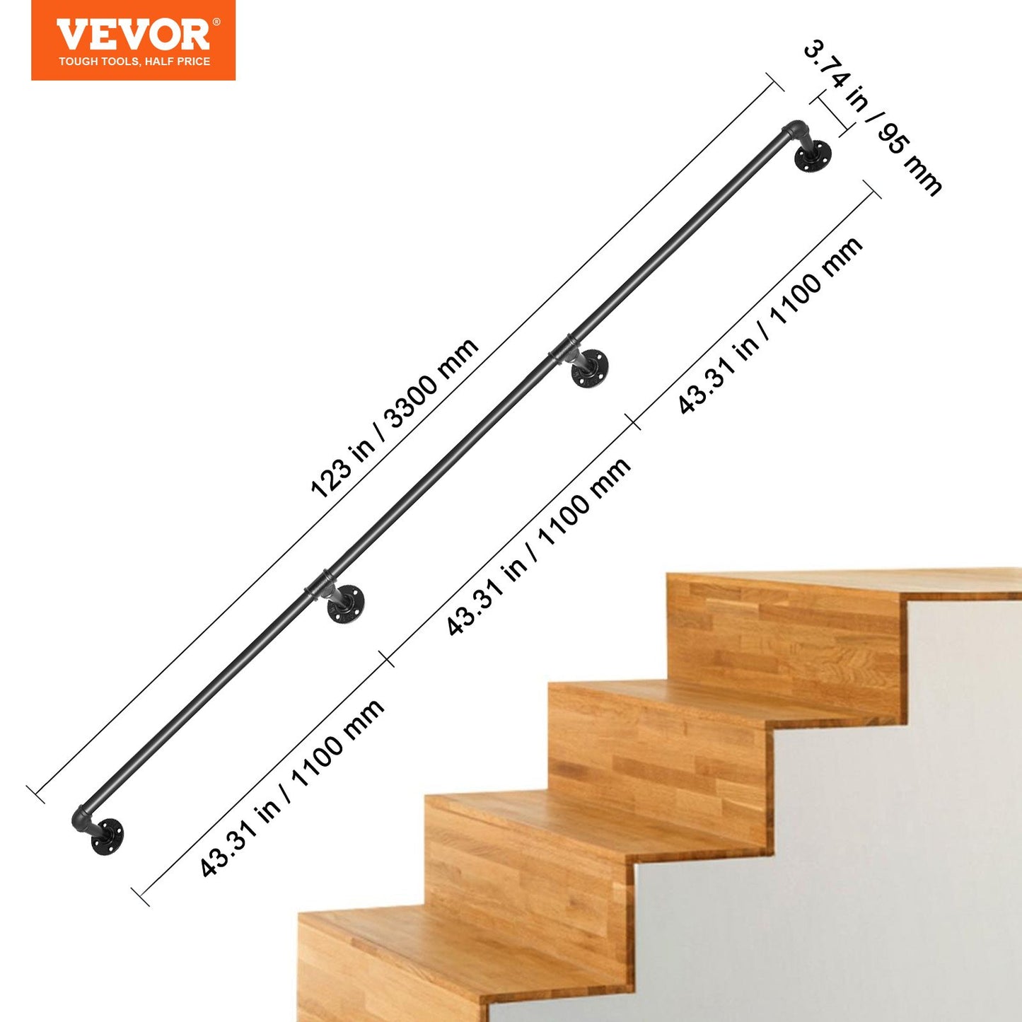 Pipe Stair Handrail, 335.3 cm Staircase Handrail, 199.6 kg Load Capacity Carbon Steel Pipe Handrail, Industrial Pipe Handrail with Wall Mount Support, Round Corner Wall Handrailing for Indoor, Outdoor