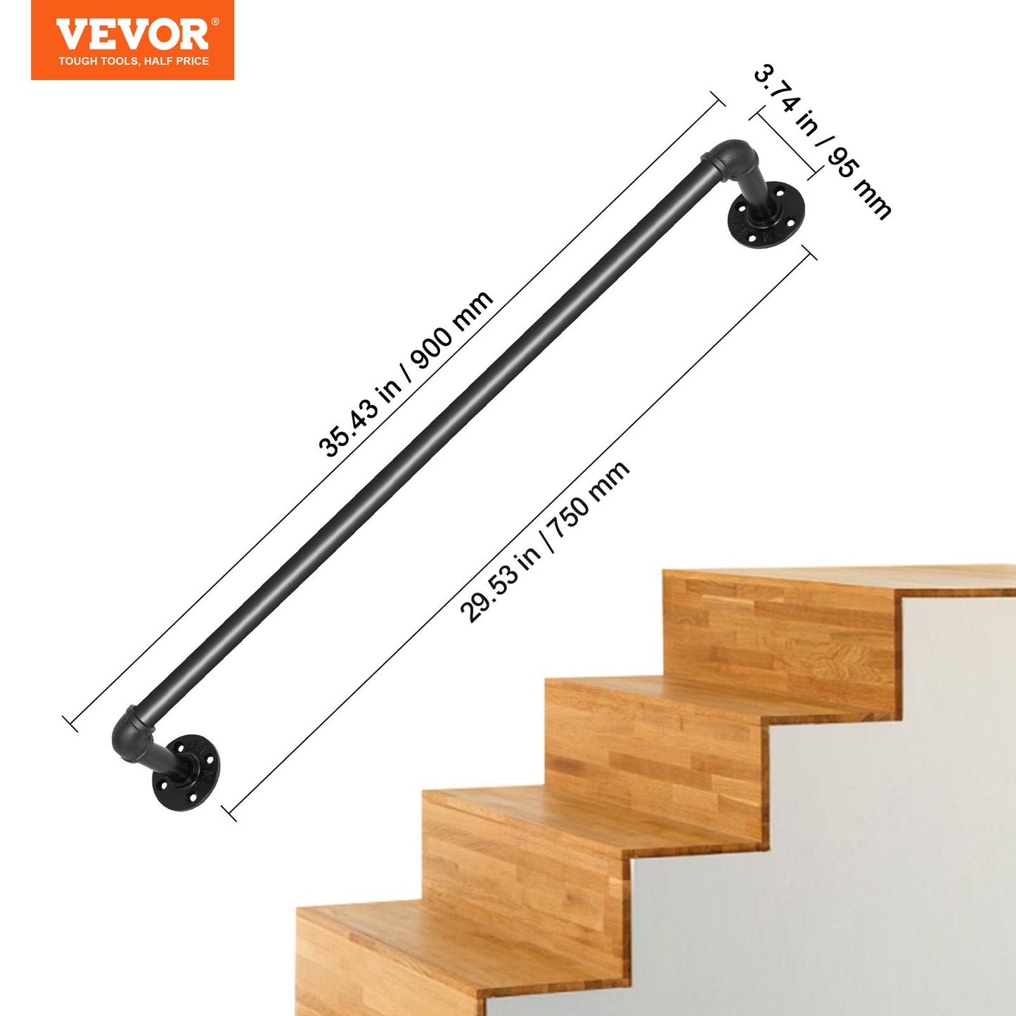 Pipe Stair Handrail, 91.4 cm Staircase Handrail, 199.6 kg Load Capacity Carbon Steel Pipe Handrail, Industrial Pipe Handrail with Wall Mount Support, Round Corner Wall Handrailings for Indoor, Outdoor