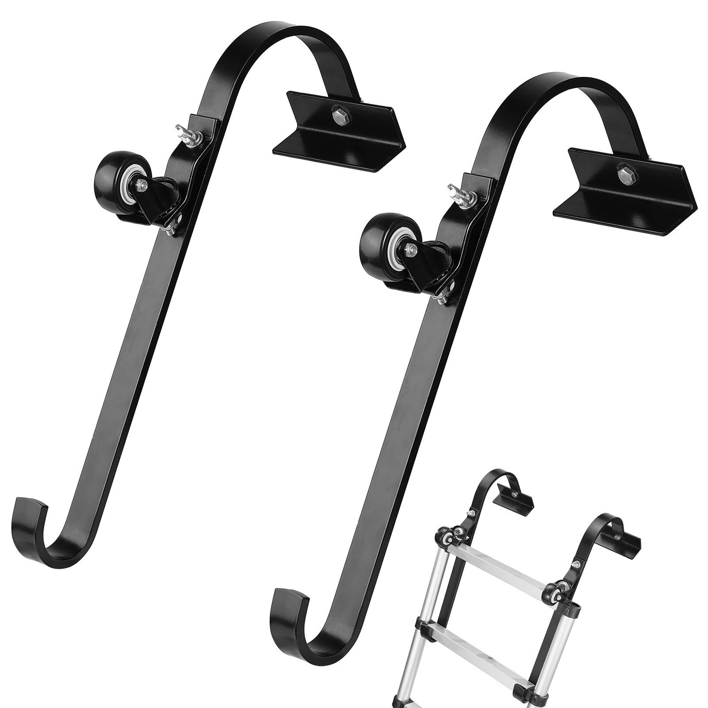 Ladder Roof Hook, 2 Pack with Fixed Wheel & Swivel Bar, Wheel Heavy Duty Steel Ladder Stabilizer, Roof Ridge Extension for Damage Prevention, 600 lbs Weight Rating, Easy to Access Steep Roofs