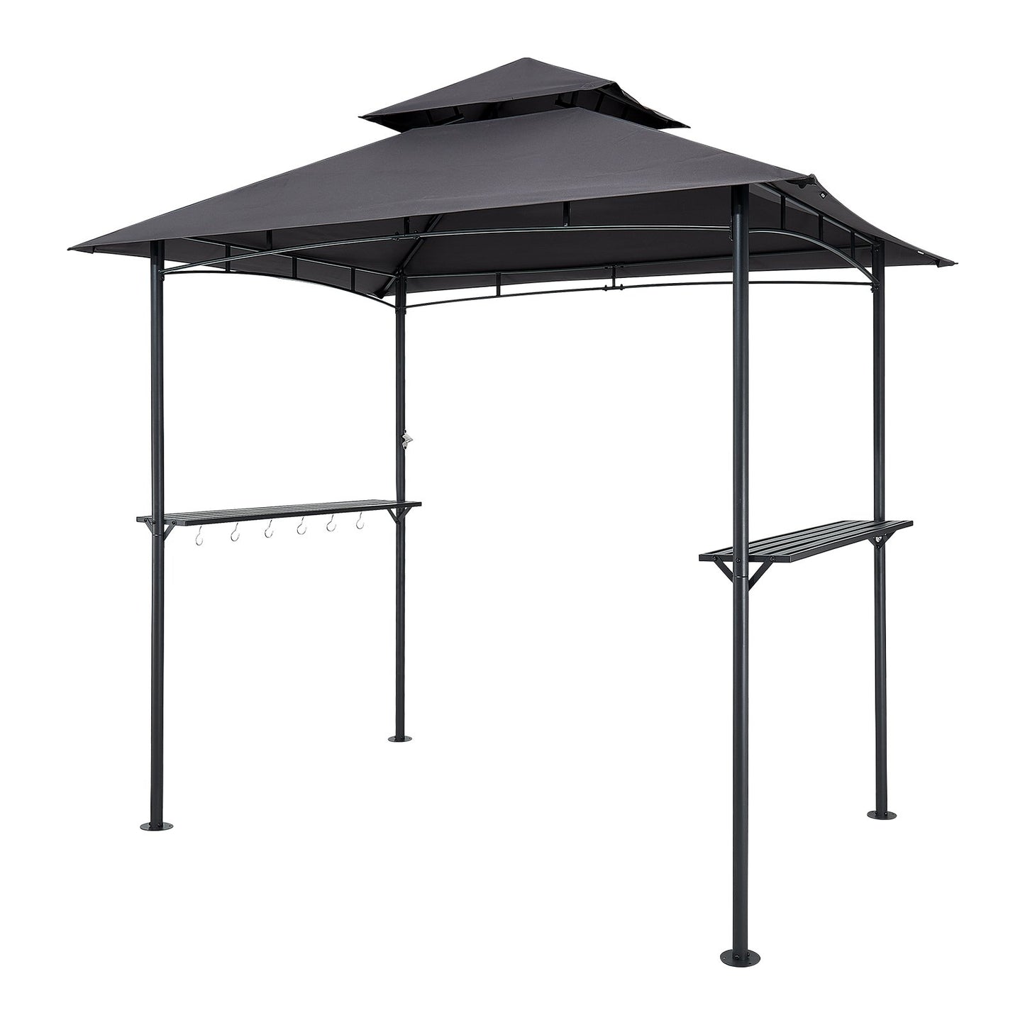 Grill Gazebo, 2.43 x 1.5 m Outdoor BBQ Gazebo with Double-Tiered Roof, Powder-Coated Steel Patio Grill Shelter with 2 Side Shelves & 8 Hooks, Grilling Canopy for Patio Backyard Garden Picnic
