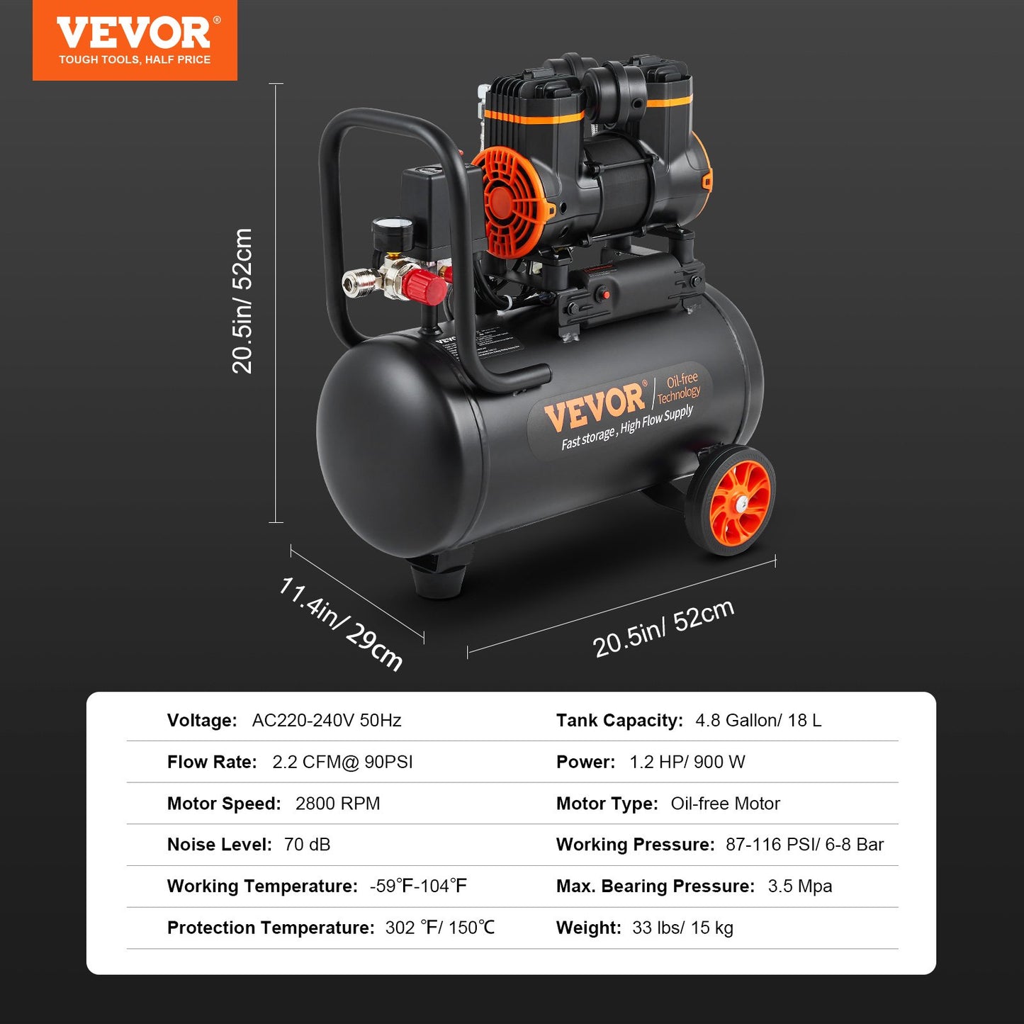 Air Compressor 18.2 L 900W 2.2 CFM@ 90PSI 70 dB Ultra Quiet Oil Free