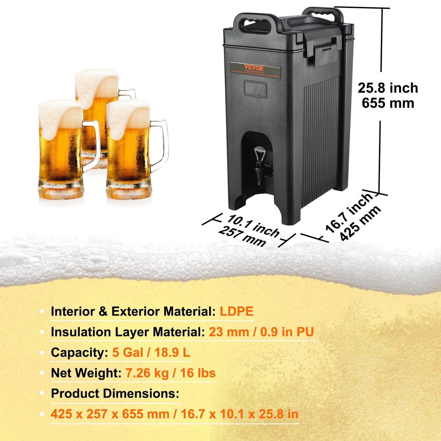 Insulated Beverage Dispenser, 18.9 L, Food-grade LDPE Hot and Cold Beverage Server, Thermal Drink Dispenser Cooler with 2.3 cm PU Layer Two-Stage Faucet Handle, for Restaurant Drink Shop