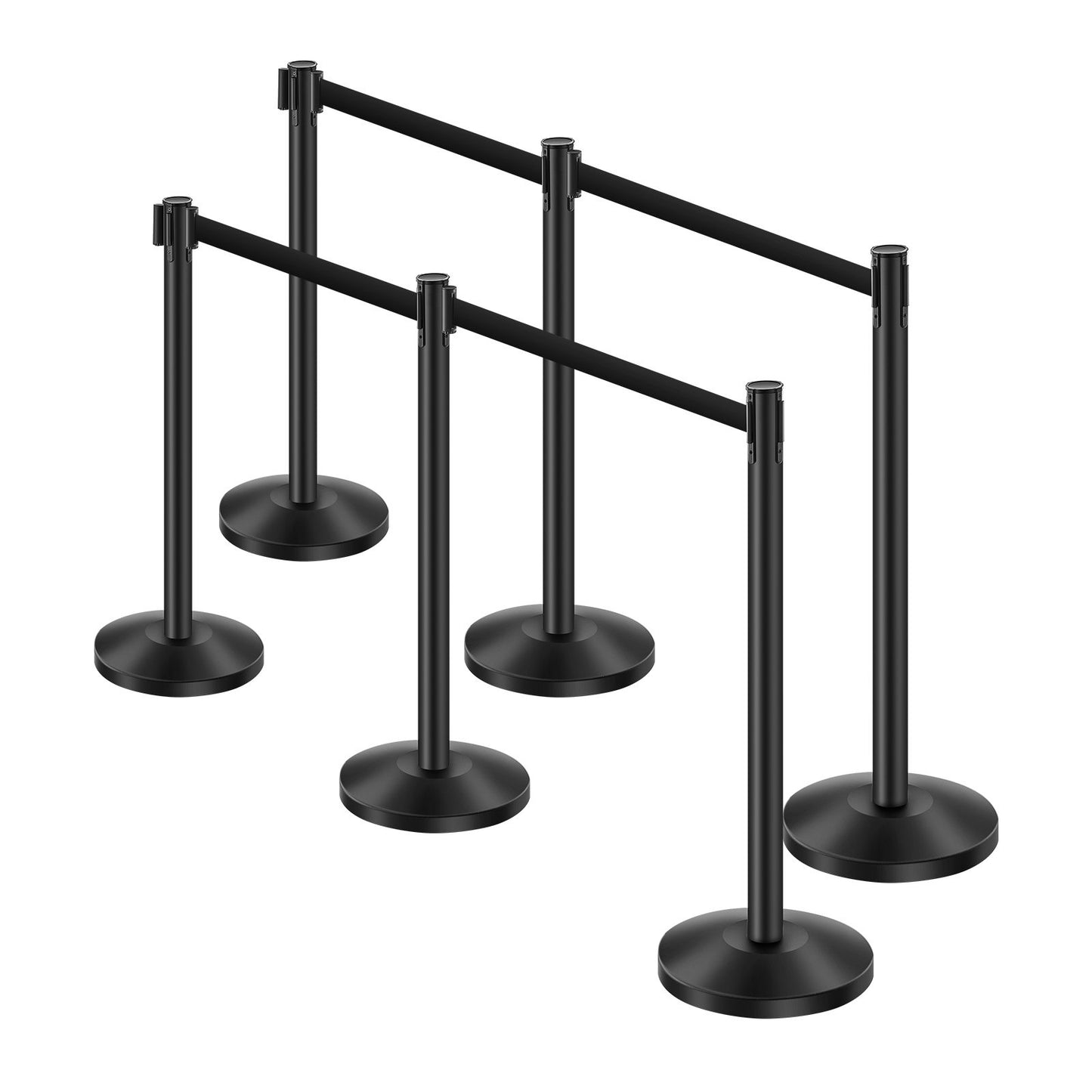 Stanchion Post, 6 Pcs Crowd Control Barrier with 6 Retractable Belts, Carbon Steel Black Stanchion Post Queue with Sand Injection Hollow Base for Theaters, Parties, Weddings, Exhibitions, Black
