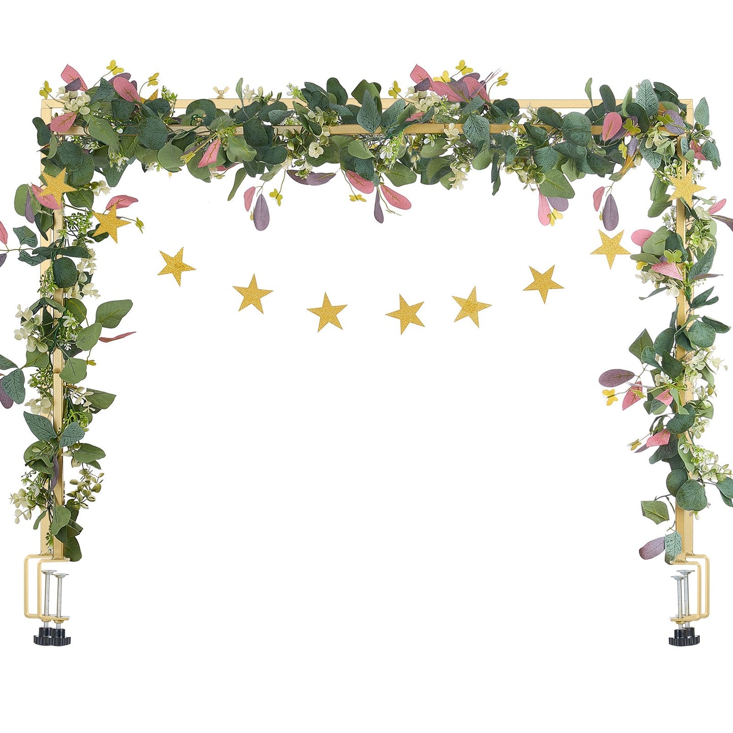 Over The Table Rod Stand with Clamps, 13"-42" Tall & 28"-98" Length Adjustable, Metal Table Arch Stand with Rattan, Tabletop Balloon Arch Frame for Wedding Birthday Christmas Decorations, Gold