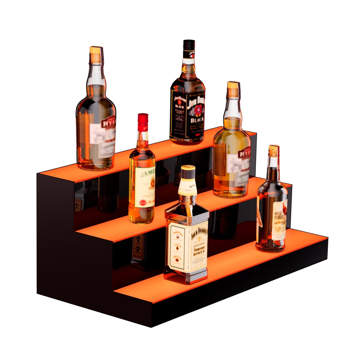 LED Lighted Liquor Bottle Display, 3 Tiers 24 Inch Commercial Illuminated Home Bar Shelf, 3 Steps Whiskey Rack Stand, Acrylic Drink Shelves with RF Remote & App Control, and Multicolor lighting
