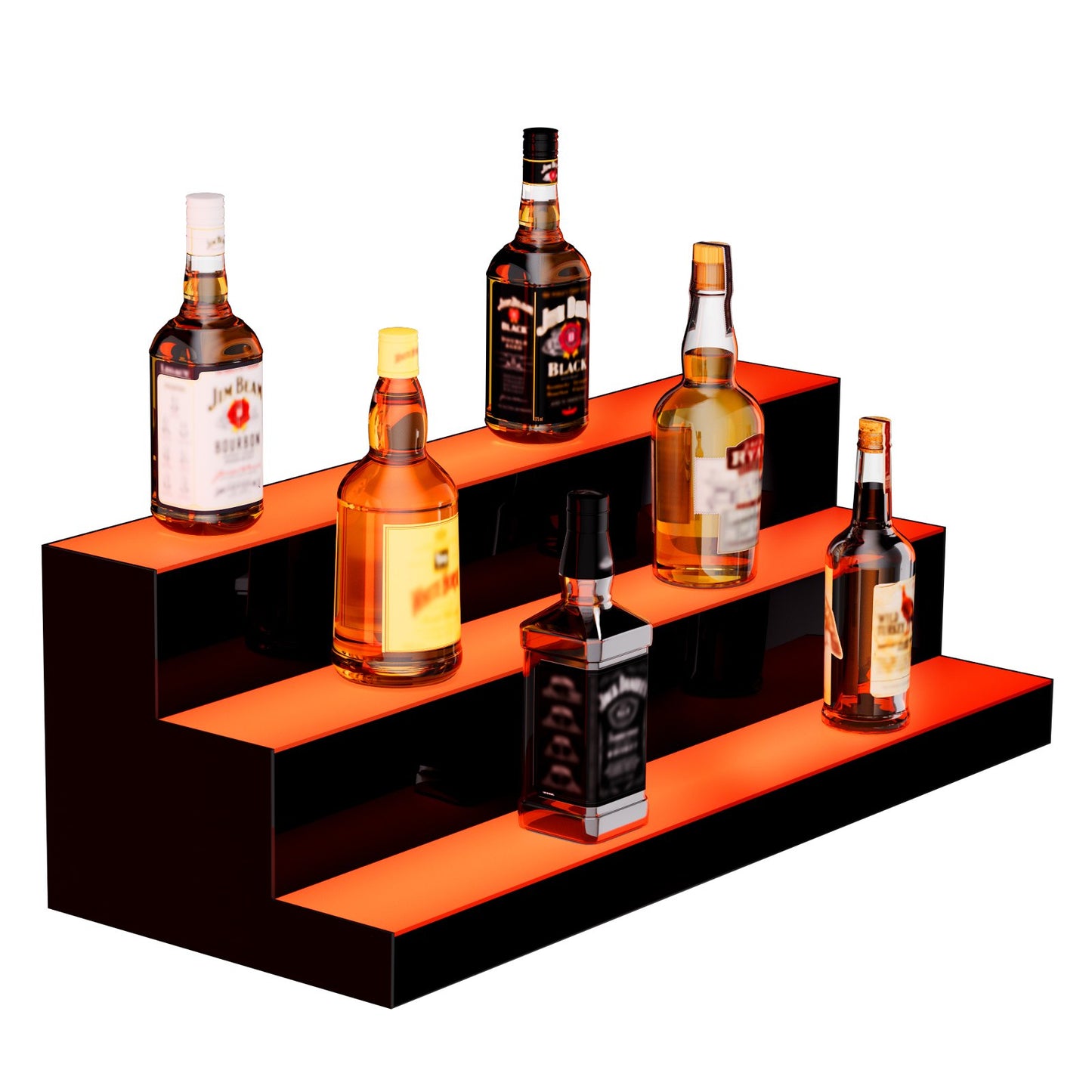 LED Lighted Liquor Bottle Display, 3 Tiers 30 Inch Commercial Illuminated Home Bar Shelf, 3 Steps Whiskey Rack Stand, Acrylic Drink Shelves with RF Remote & App Control, and Multicolor lighting