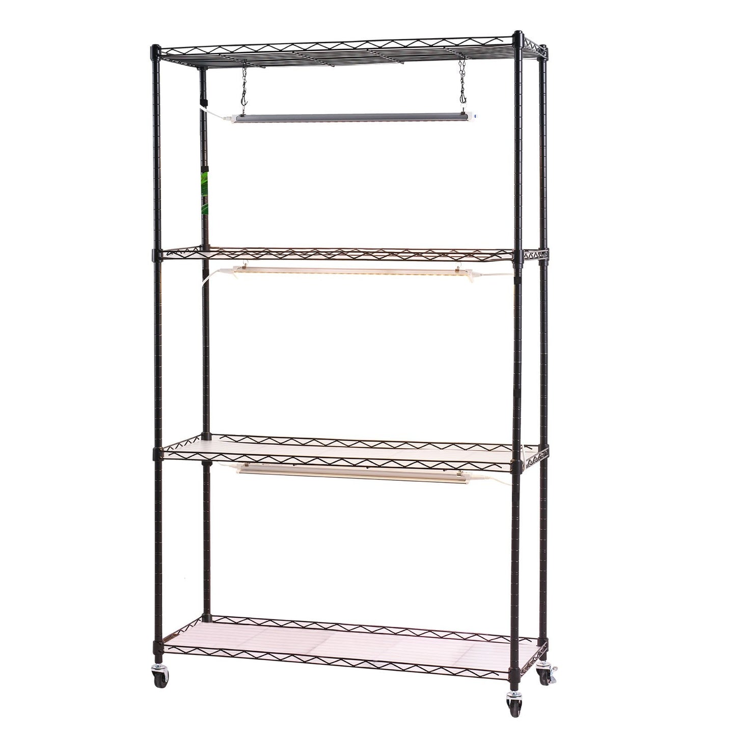 Plant Shelf with Grow Light, 4-Tier Indoor Plant Stand, 150 cm Tall Plants Display Rack with Wheels, 90W 3-Color Full Spectrum Grow Lights, Heavy Duty Metal Flower Pot Holder for Seed Starting
