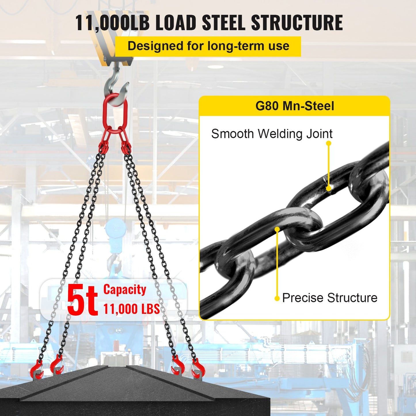 Chain Sling, 5/16 inch x 5 ft Lifting Chains with Hooks, G80 Engine Chain Hoist Lifts, 11000 lbs/5 Ton Capacity Lifting Sling Chains for Engine Hoist, Engine Lift Chain with 4 Leg Grab Hooks