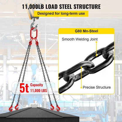 Chain Sling, 5/16 inch x 5 ft Lifting Chains with Hooks, G80 Engine Chain Hoist Lifts, 11000 lbs/5 Ton Capacity Lifting Sling Chains for Engine Hoist, Engine Lift Chain with 4 Leg Grab Hooks