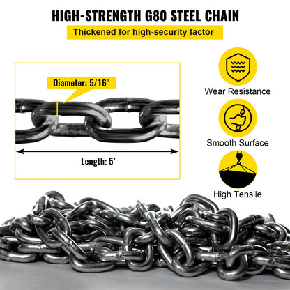 Chain Sling, 5/16 inch x 5 ft Lifting Chains with Hooks, G80 Engine Chain Hoist Lifts, 11000 lbs/5 Ton Capacity Lifting Sling Chains for Engine Hoist, Engine Lift Chain with 4 Leg Grab Hooks