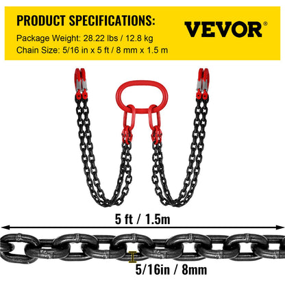 Chain Sling, 5/16 inch x 5 ft Lifting Chains with Hooks, G80 Engine Chain Hoist Lifts, 11000 lbs/5 Ton Capacity Lifting Sling Chains for Engine Hoist, Engine Lift Chain with 4 Leg Grab Hooks