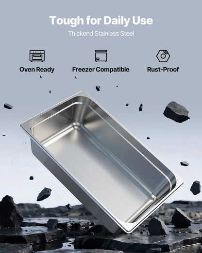 Stainless Steam Hotel Pan, Full Size x 145mm Deep, 20.5L Table Steam Pan, Anti Jam Restaurant Supplies Reusable Rustproof Catering Storage for Home, Party, Restaurant, Hotel, Buffet, 1 Pack