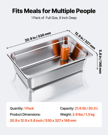 Stainless Steam Hotel Pan, Full Size x 145mm Deep, 20.5L Table Steam Pan, Anti Jam Restaurant Supplies Reusable Rustproof Catering Storage for Home, Party, Restaurant, Hotel, Buffet, 1 Pack