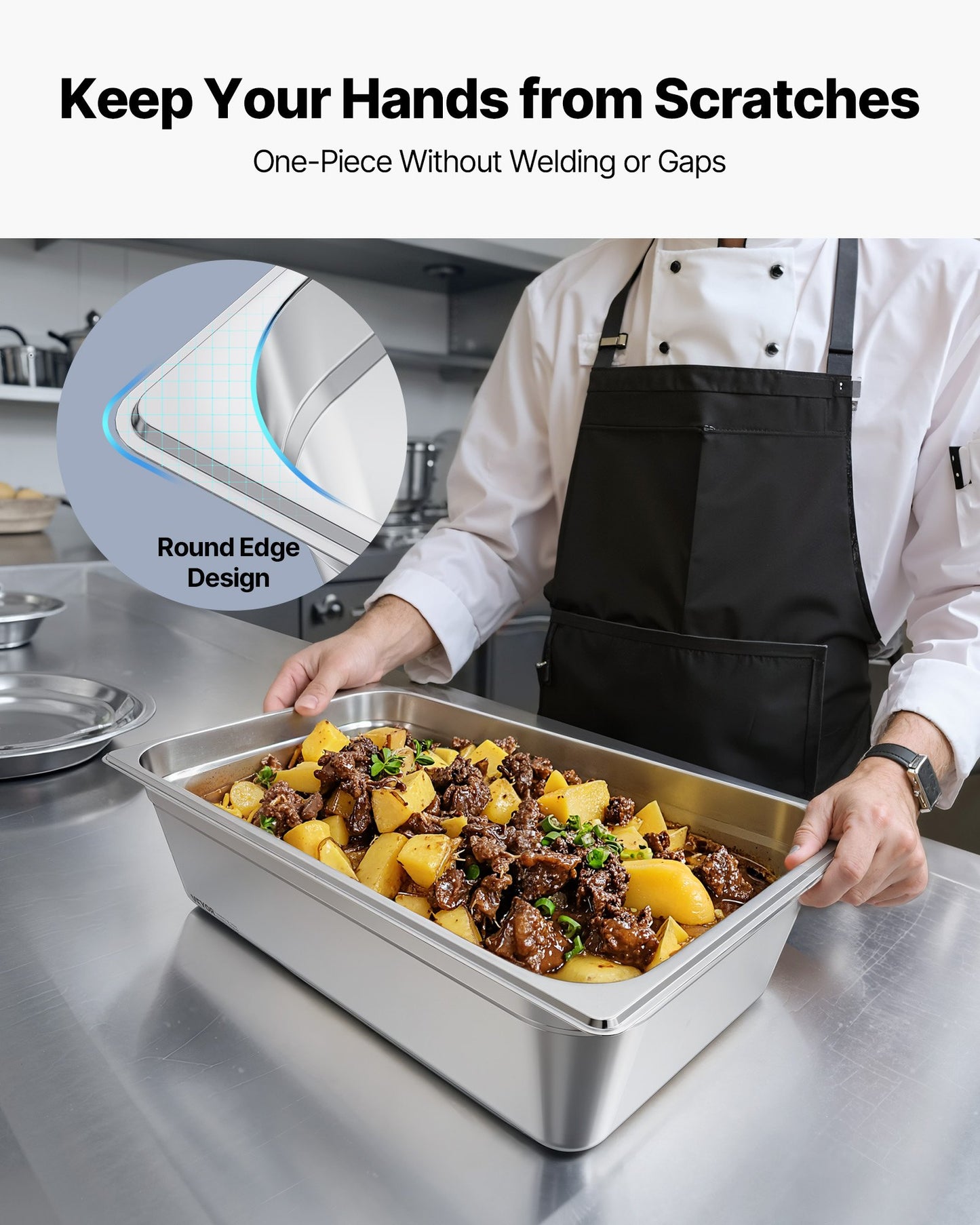 Stainless Steam Hotel Pan, Full Size x 145mm Deep, 20.5L Table Steam Pan, Anti Jam Restaurant Supplies Reusable Rustproof Catering Storage for Home, Party, Restaurant, Hotel, Buffet, 1 Pack