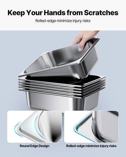 Dampfgarbehälter aus Edelstahl, 1/2 Größe x 98 mm tief, 6 l Tischdampfgarbehälter, wiederverwendbar, rostfrei, antihaftbeschichtet, für Gastronomiebedarf, Catering, Zuhause, Partys, Restaurants, Hotels, Buffets, 6er-Pack