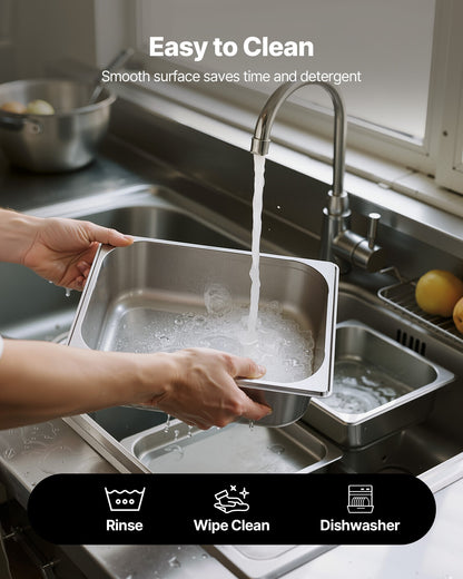 Dampfgarbehälter aus Edelstahl, 1/2 Größe x 98 mm tief, 6 l Tischdampfgarbehälter, wiederverwendbar, rostfrei, antihaftbeschichtet, für Gastronomiebedarf, Catering, Zuhause, Partys, Restaurants, Hotels, Buffets, 6er-Pack