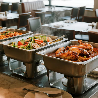 Dampfgarbehälter aus Edelstahl, 1/2 Größe x 98 mm tief, 6 l Tischdampfgarbehälter, wiederverwendbar, rostfrei, antihaftbeschichtet, für Gastronomiebedarf, Catering, Zuhause, Partys, Restaurants, Hotels, Buffets, 6er-Pack