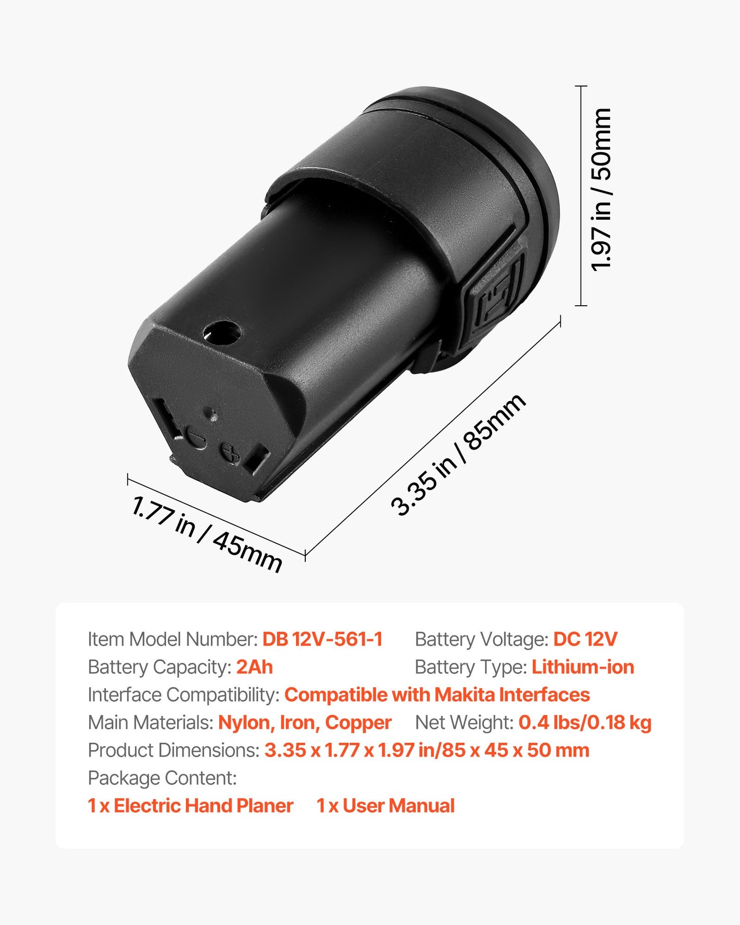 Lithium-Ion Battery, 12V 2Ah, Portable Lithium Battery Pack Replacement, with Universal Adapter, Easy to Carry, Compatible with Makita Interfaces, Cordless Electric Hand Planer, 1-Pack