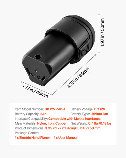 Lithium-Ion Battery, 12V 2Ah, Portable Lithium Battery Pack Replacement, with Universal Adapter, Easy to Carry, Compatible with Makita Interfaces, Cordless Electric Hand Planer, 1-Pack