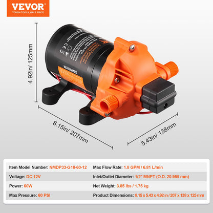 12V Diaphragm Pump, 1.8 GPM (6.81 L/min), 3-Chamber 12 Volt DC Water Pump with Automatic Pressure Switch 2.7-6.9 bar(40-100 PSI) Adjustable, 4 bar(60 PSI), 12.7mm(1/2") MNPT Port, for RV Yacht Food Truck Camper Marine