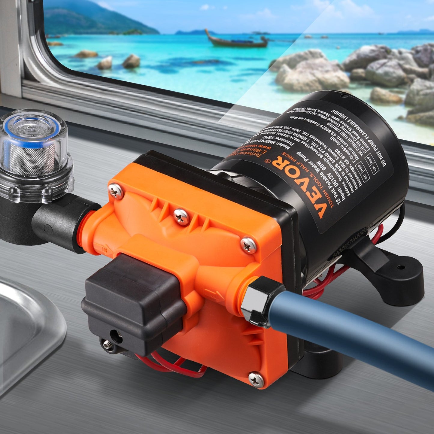 12V Diaphragm Pump, 3 GPM (11.36 L/min), 4-Chamber 12 Volt DC Water Pump with Automatic Pressure Switch 2.7-6.9 bar(40-100 PSI) Adjustable, 3.8 bar(55 PSI), 12.7mm(1/2") MNPT Port, for RV Yacht Food Truck Camper Marine