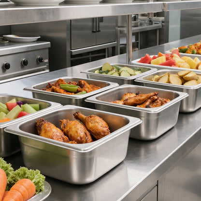 Dampfgarbehälter aus Edelstahl, 1/6 Größe x 100 mm tief, 1,7 l Tischdampfgarbehälter, wiederverwendbar, rostfrei, mit Antihaftbeschichtung, für Gastronomiebedarf, Catering, Zuhause, Partys, Restaurants, Hotels, Buffets, 6er-Pack