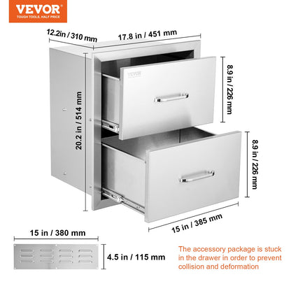 Outdoor Kitchen Drawers 18W x 20.6H x 12.7D Inch, Flush Mount Double BBQ Drawers Stainless Steel with Handle, BBQ Island Drawers for Outdoor Kitchens or Patio Grill Station