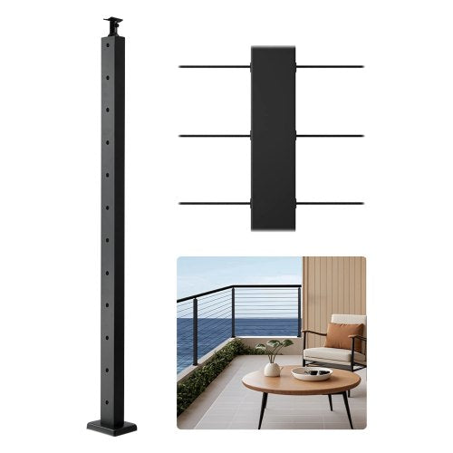 Cable Railing Post, 42x1x2 Inch Level Deck Stair Posts, 1-Pack Stainless Steel Cable Handrail Post, Pre-Drilled Pickets with Mounting Bracket Stair Railing Kit, Black, 1JZLGZXHS1063GGTD001V0
