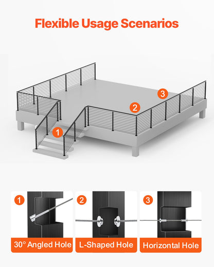 Cable Railing Post, 42x1x2 Inch Level Deck Stair Posts, 1-Pack Stainless Steel Cable Handrail Post, Pre-Drilled Pickets with Mounting Bracket Stair Railing Kit, Black, 1JZLGZXHS1063GGTD001V0