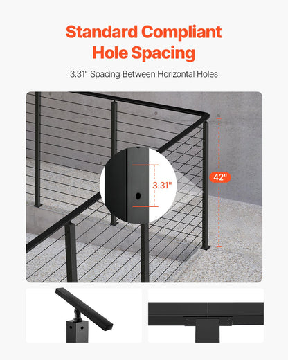 Cable Railing Post, 42x2x2 Inch Corner Railing Post, with L-Shaped Pre-Drilled Holes, Stainless Steel Cable Rail Post with Horizontal and Curved Bracket, 1-Pack, Black, 1JZLGZXHS1065S1EW001V0