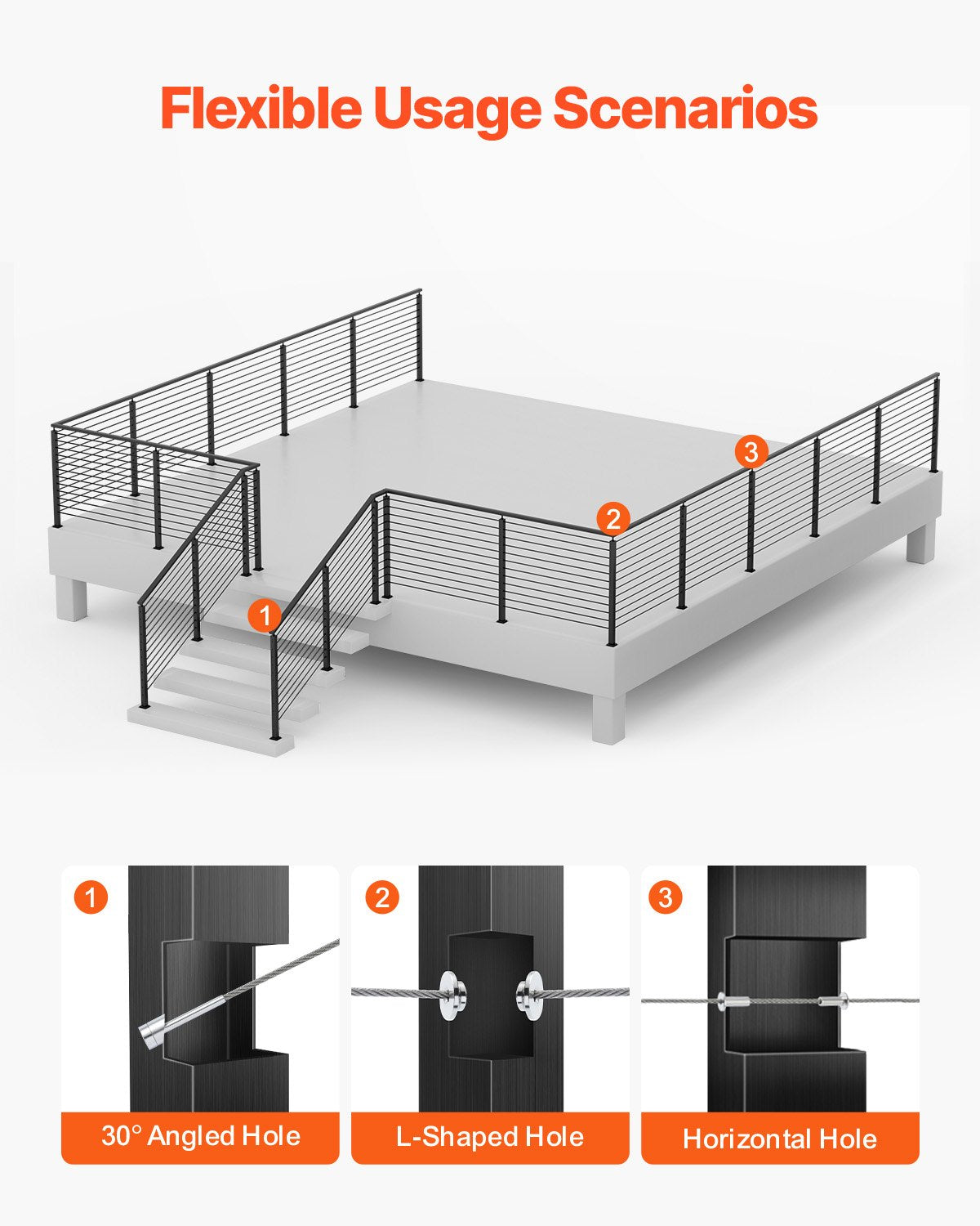 Cable Railing Post, 42x2x2 Inch Corner Railing Post, with L-Shaped Pre-Drilled Holes, Stainless Steel Cable Rail Post with Horizontal and Curved Bracket, 1-Pack, Black, 1JZLGZXHS1065S1EW001V0