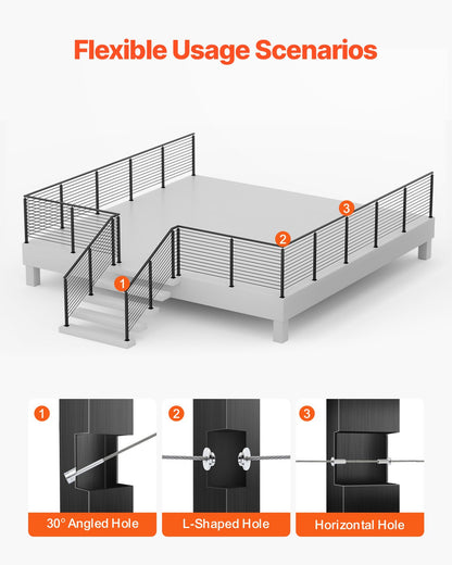 Cable Railing Post, 42x2x2 Inch Corner Railing Post, with L-Shaped Pre-Drilled Holes, Stainless Steel Cable Rail Post with Horizontal and Curved Bracket, 1-Pack, Black, 1JZLGZXHS1065S1EW001V0