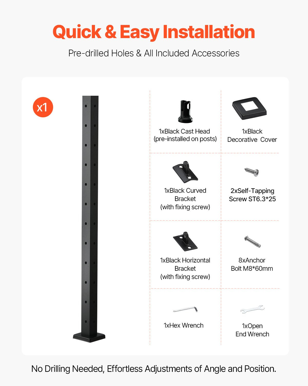 Cable Railing Post, 42x2x2 Inch Corner Railing Post, with L-Shaped Pre-Drilled Holes, Stainless Steel Cable Rail Post with Horizontal and Curved Bracket, 1-Pack, Black, 1JZLGZXHS1065S1EW001V0