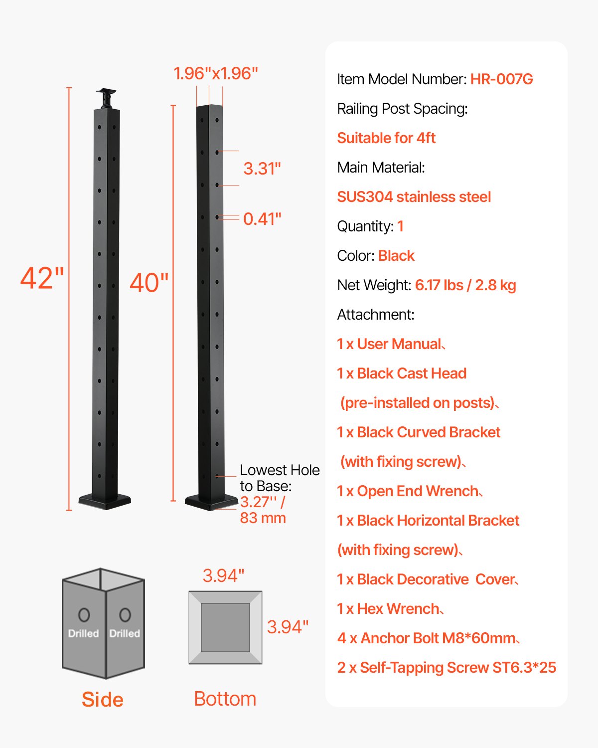 Cable Railing Post, 42x2x2 Inch Corner Railing Post, with L-Shaped Pre-Drilled Holes, Stainless Steel Cable Rail Post with Horizontal and Curved Bracket, 1-Pack, Black, 1JZLGZXHS1065S1EW001V0