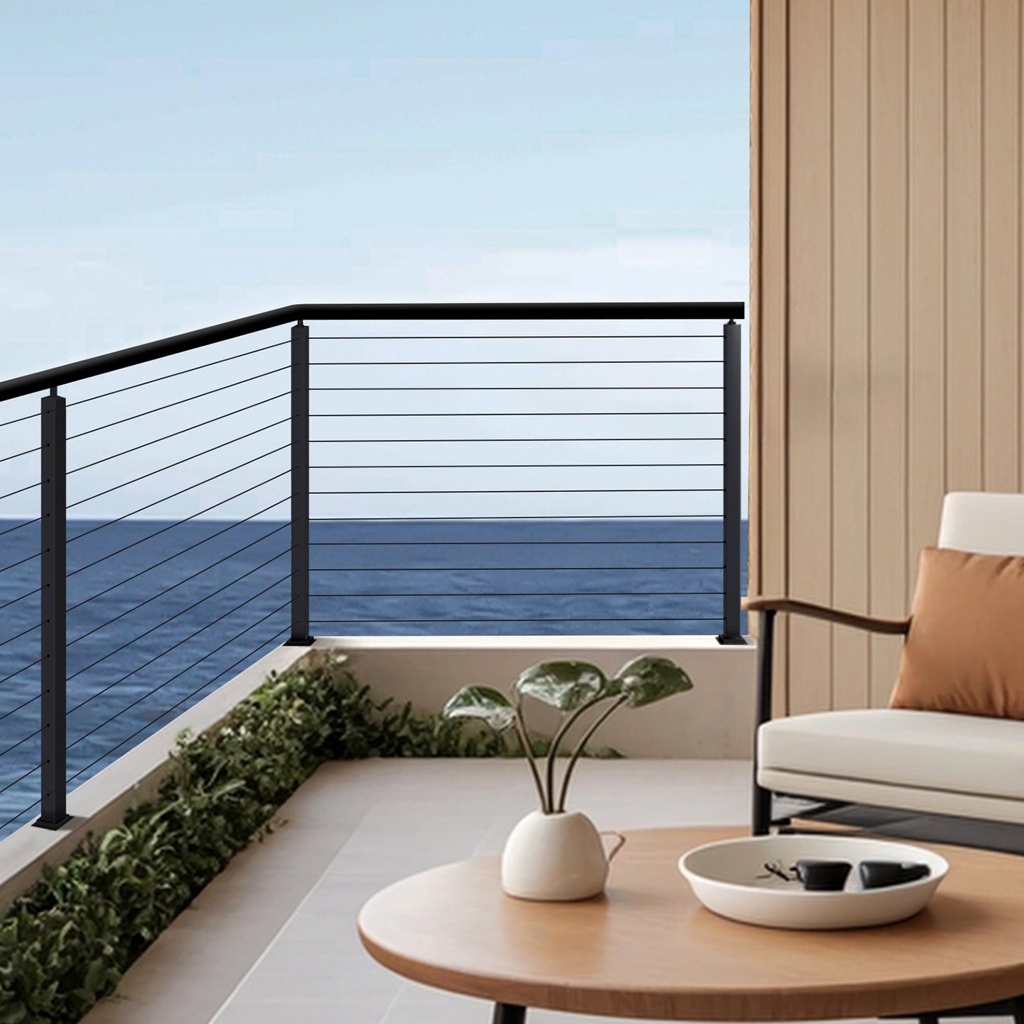 Cable Railing Post, 42x2x2 Inch Corner Railing Post, with L-Shaped Pre-Drilled Holes, Stainless Steel Cable Rail Post with Horizontal and Curved Bracket, 1-Pack, Black, 1JZLGZXHS1065S1EW001V0