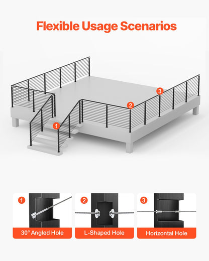 Cable Railing Post, 42x2x2 Inch Level Deck Stair Posts, 1-Pack Stainless Steel Cable Handrail Post, Pre-Drilled Pickets with Mounting Bracket Stair Railing Kit, Black, 1JZLGZXHS106AWJO6001V0