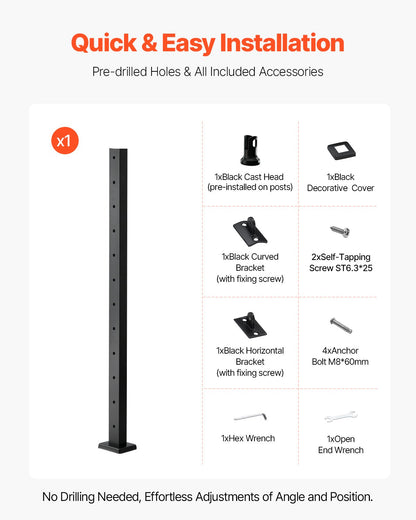 Cable Railing Post, 42x2x2 Inch Level Deck Stair Posts, 1-Pack Stainless Steel Cable Handrail Post, Pre-Drilled Pickets with Mounting Bracket Stair Railing Kit, Black, 1JZLGZXHS106AWJO6001V0