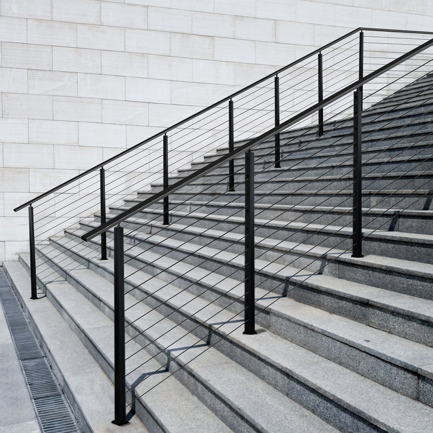 Cable Railing Post, 42x2x2 Inch Stair Railing Post, with Pre-Drilled 30° Angled Holes, Stainless Steel Cable Rail Post with Horizontal and Curved Bracket, 1-Pack, Black, 1JZLGZXHS106W3XAA001V0