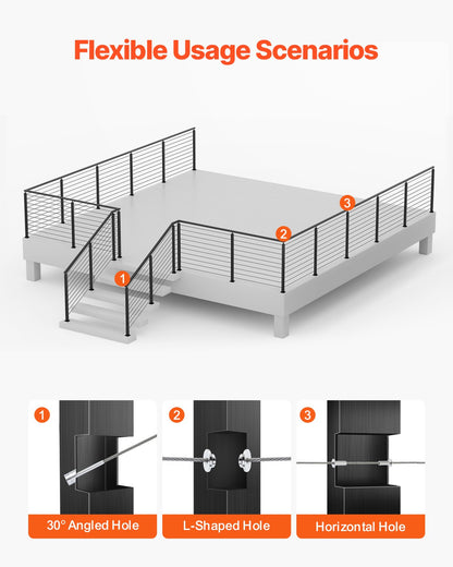Cable Railing Post, 36x1x2 Inch Stair Railing Post, with Pre-Drilled 30° Angled Holes, Stainless Steel Cable Rail Post with Horizontal and Curved Bracket, 1-Pack, Black, 1JZLGZXHS91402OS1001V0