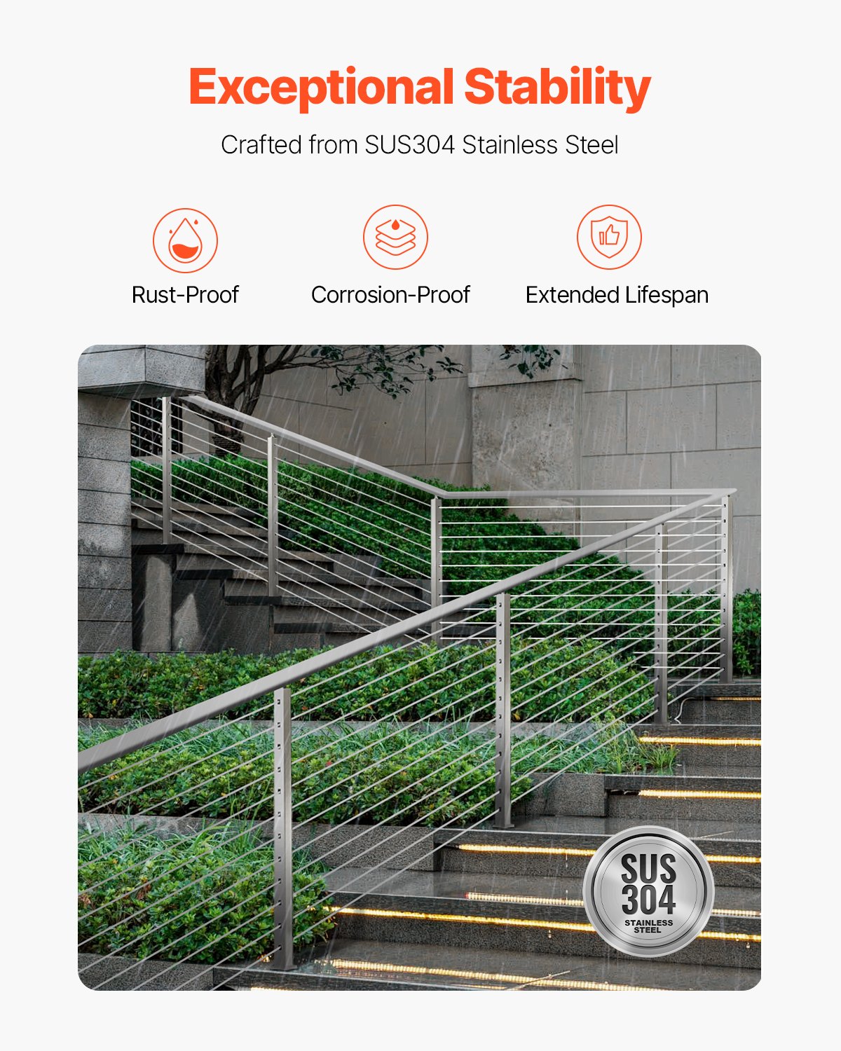 Cable Railing Post, 42x2x2 Inch Stair Railing Post, with Pre-Drilled 30° Angled Holes, Stainless Steel Cable Rail Post with Horizontal and Curved Bracket, 1-Pack, Silver, 1JZLGZXYS1062TLWC001V0