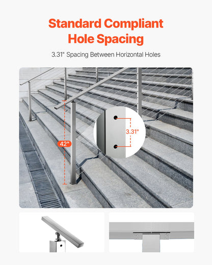 Cable Railing Post, 42x2x2 Inch Stair Railing Post, with Pre-Drilled 30° Angled Holes, Stainless Steel Cable Rail Post with Horizontal and Curved Bracket, 1-Pack, Silver, 1JZLGZXYS1062TLWC001V0