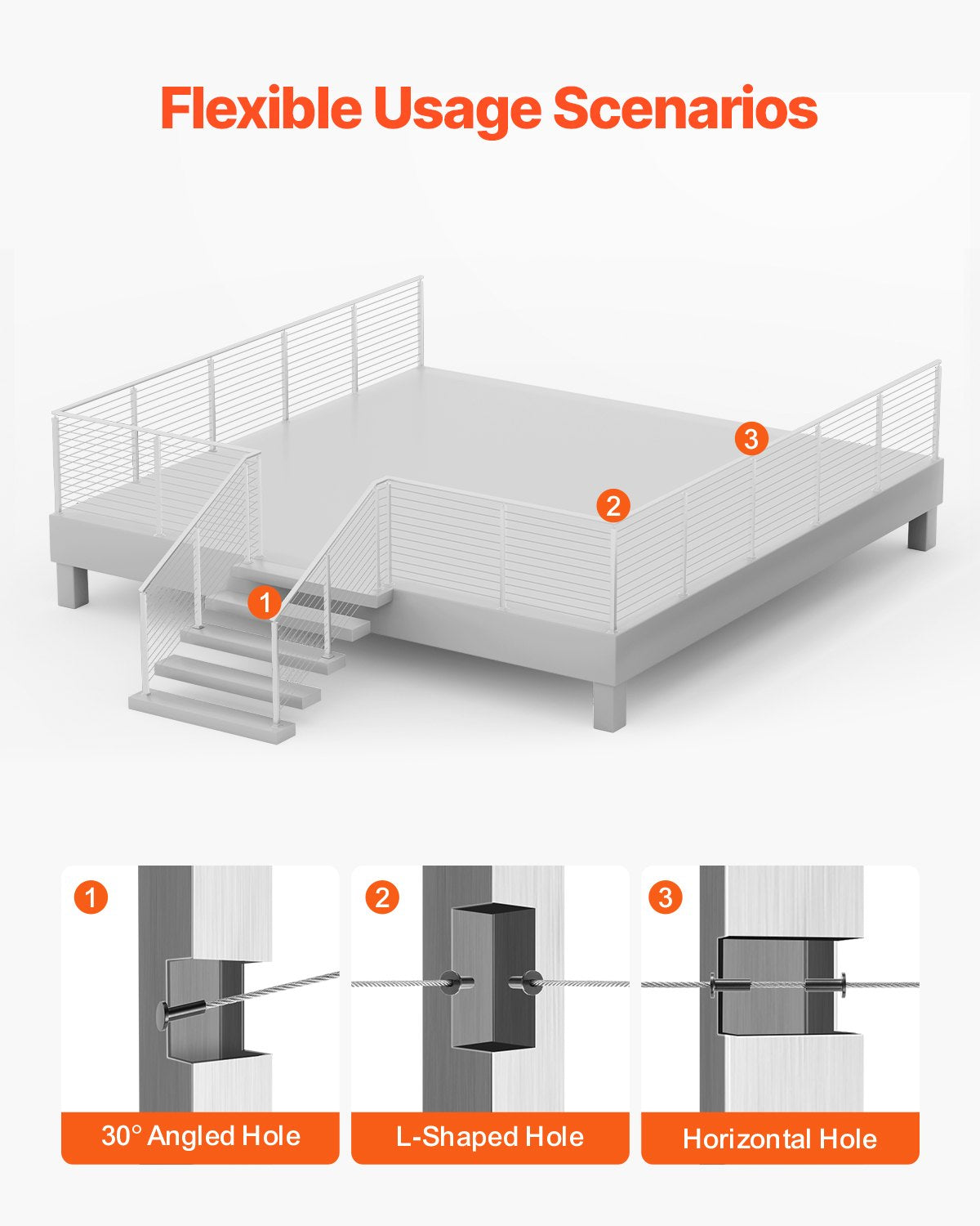 Cable Railing Post, 42x2x2 Inch Stair Railing Post, with Pre-Drilled 30° Angled Holes, Stainless Steel Cable Rail Post with Horizontal and Curved Bracket, 1-Pack, Silver, 1JZLGZXYS1062TLWC001V0