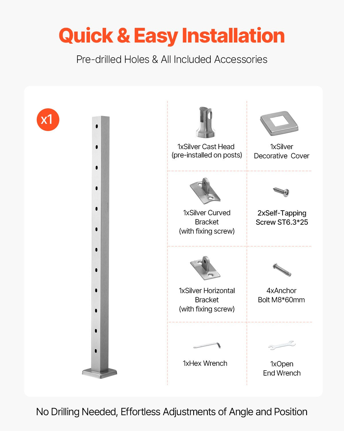 Cable Railing Post, 42x2x2 Inch Stair Railing Post, with Pre-Drilled 30° Angled Holes, Stainless Steel Cable Rail Post with Horizontal and Curved Bracket, 1-Pack, Silver, 1JZLGZXYS1062TLWC001V0